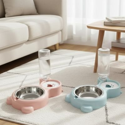gamelle chat couleur rose et bleu avec abreuvoir intégré dans salon