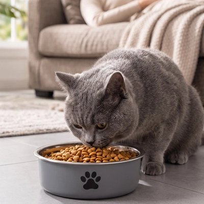 gamelle chat design neutre chat mangeant salon