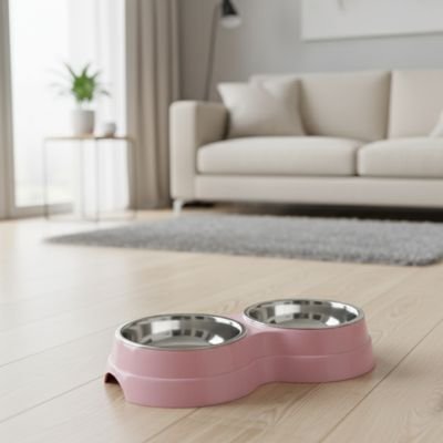 gamelle chat double bols couleurs rose avec bols inox dans salon