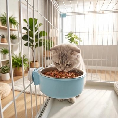 gamelle chat fixation sur cage bleu chat mangeant