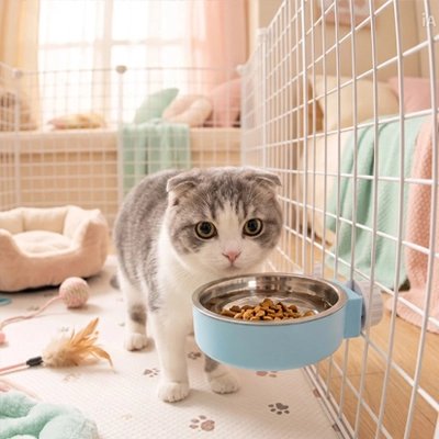 gamelle chat fixation sur cage bleu chat mangeant salon