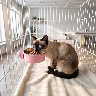 gamelle chat fixation sur cage rose chat mangeant salon