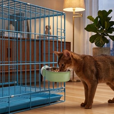 gamelle chat fixation sur cage vert chat mangeant salon