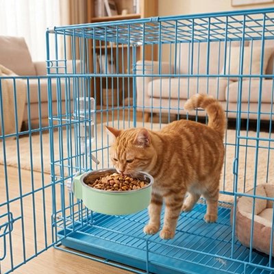 gamelle chat fixation sur cage vert chat mangeant