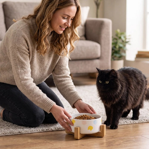 gamelle chat motifs tete de chat maitresse chat debout
