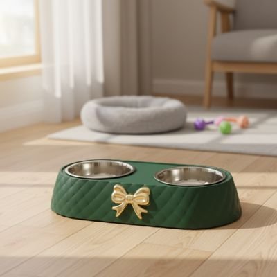 gamelle chat nœud papillon couleur vert dans salon