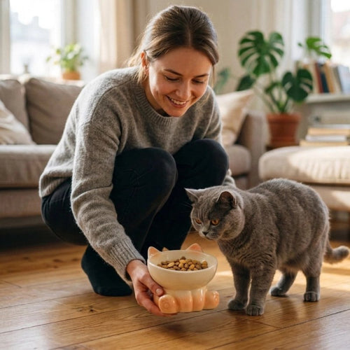 gamelle chat stabilite renforcee jaune maitresse chat debout