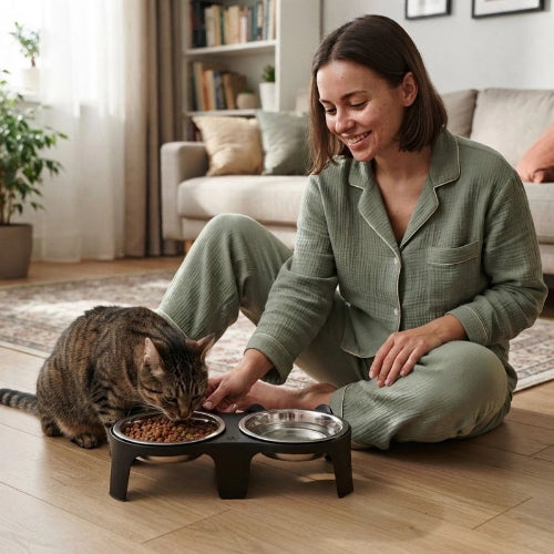 gamelle chat surélevée anti renversement noir maitresse chat mangeant