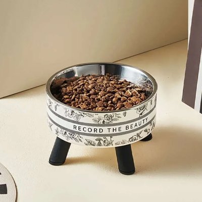 gamelle chat surelevee avec motifs floraux vintage