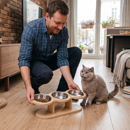 gamelle chat surélevée bois clair maitre chat debout salon