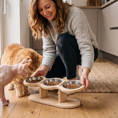 gamelle chat surélevée bois clair maitresse chats cuisine