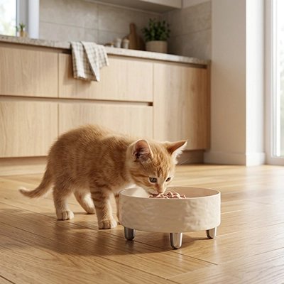 gamelle chat surélevée contemporain blanc chat mangeant cuisine