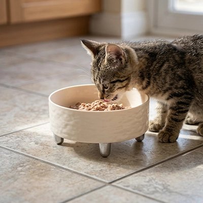 gamelle chat surélevée contemporain blanc chat mangeant