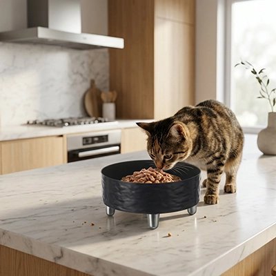 gamelle chat surélevée contemporain noir chat mangeant cuisine