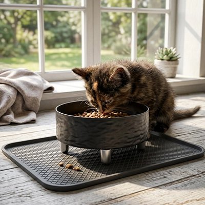 gamelle chat surélevée contemporain noir chaton mangeant
