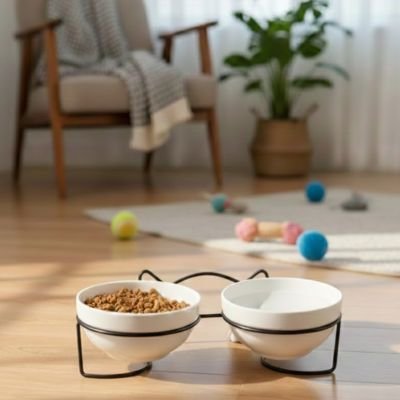 gamelle chat surelevee couleur noir double bol ceramique dans salon