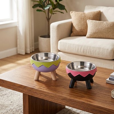 gamelle chat surelevee design colore moderne couleur rose et violet sur table salon
