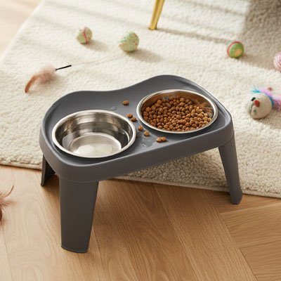 gamelle chat surelevee gris moderne double bol inox dans salon
