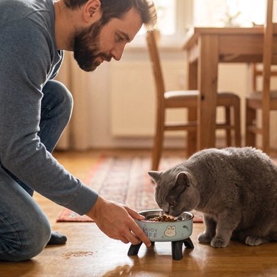 gamelle chat surélevée motifs graphiques bleu maitre chat cuisine