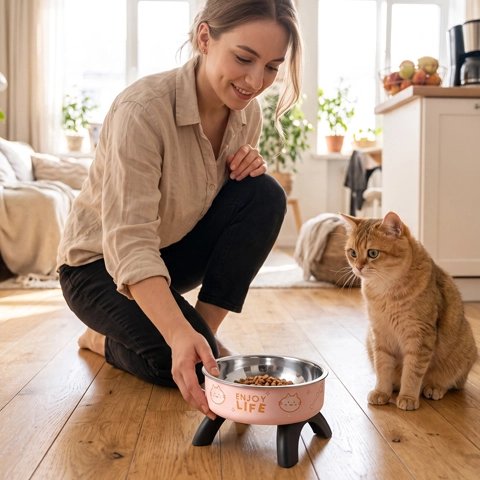gamelle chat surélevée motifs graphiques rose maitresse chat salon