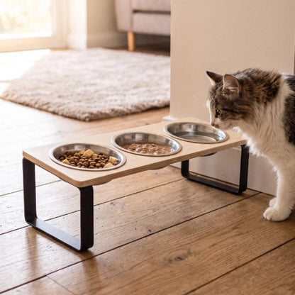 gamelle chat surélevée plateau en bois chat debout salon