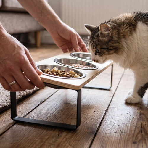 gamelle chat surélevée plateau en bois chat mangeant