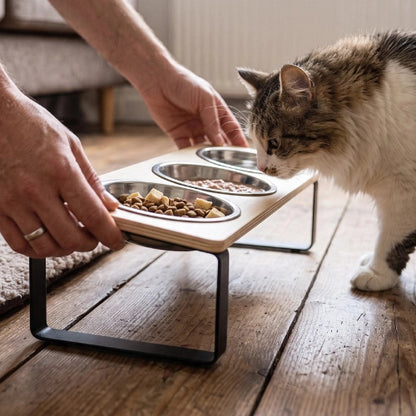 gamelle chat surélevée plateau en bois chat mangeant