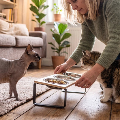 gamelle chat surélevée plateau en bois maitresse chat debout