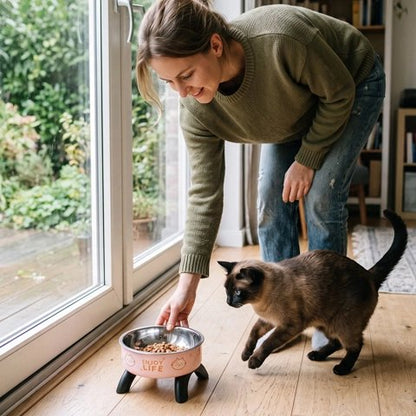 gamelle chat surélevée rose motifs graphiques maitresse chat salon