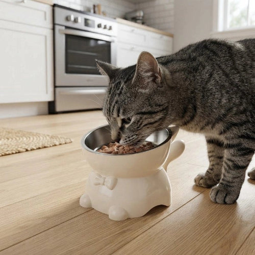 gamelle chat surélevée style charmant blanche chat mangeant cuisine