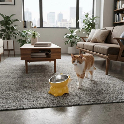 gamelle chat surélevée style charmant jaune avec chat salon