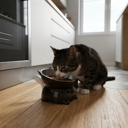 gamelle chat surélevée style charmant noir chat mangeant cuisine