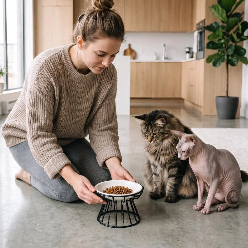 gamelle chat surélevée support metallique noir maitresse chats cuisine