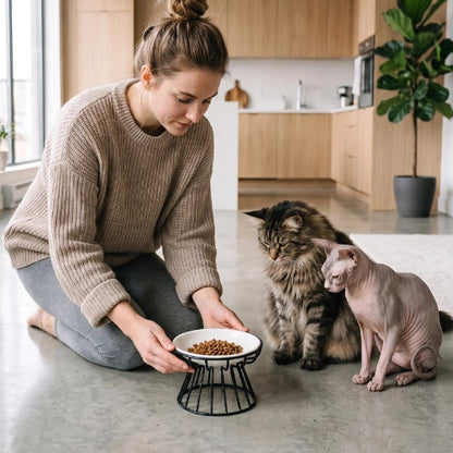 gamelle chat surélevée support metallique noir maitresse chats cuisine