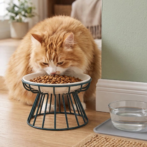 gamelle chat surélevée support metallique vert chat mangeant