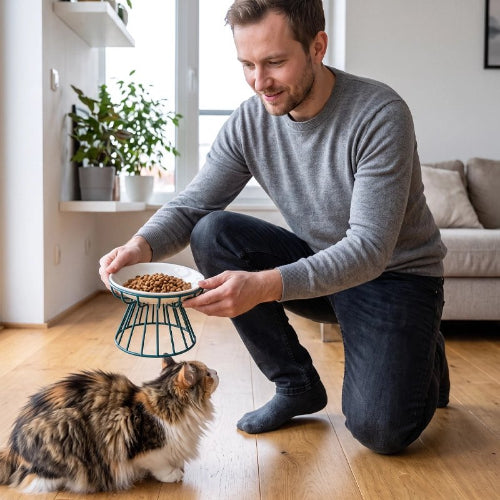 gamelle chat surélevée support metallique vert maitre chat salon