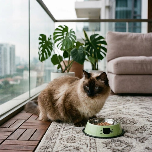 gamelle chat verte motif decoratif felin chat allonge balcon