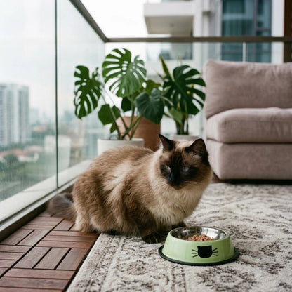 gamelle chat verte motif decoratif felin chat allonge balcon