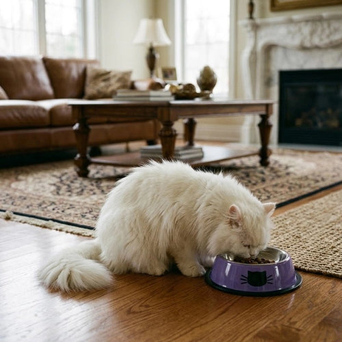 gamelle chat violet motif silhouette feline chat mangeant salon