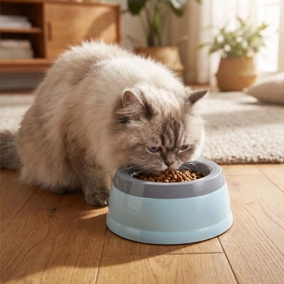 gamelle pour chat bleu bicolore chat mangeant salon