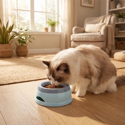 gamelle pour chat bleu bicolore salon chat mangeant