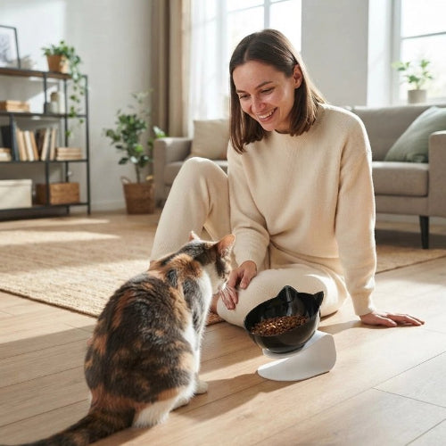 gamelle pour chat design incline noir maitresse avec chat