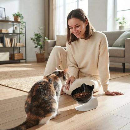 gamelle pour chat design incline noir maitresse avec chat