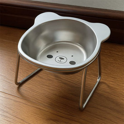 gamelle pour chat design ourson en acier inoxydable sur table en bois