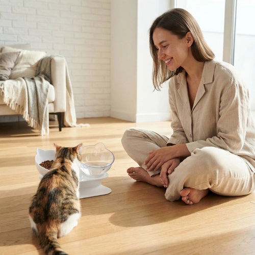 gamelle pour chat double gamelle blanche maitresse avec chat