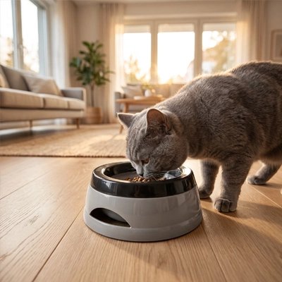 gamelle pour chat gris bicolore chat mangeant salon