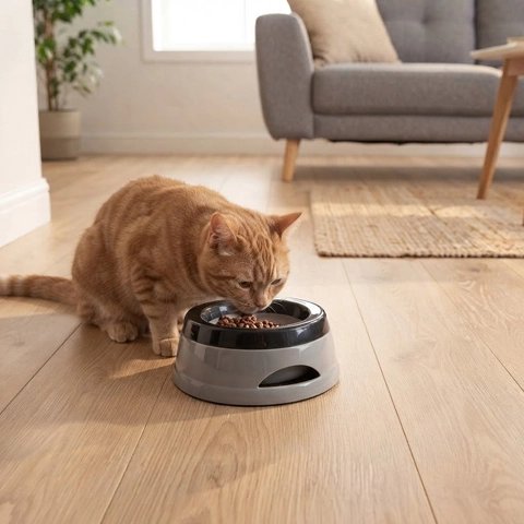 gamelle pour chat gris bicolore salon chat mangeant