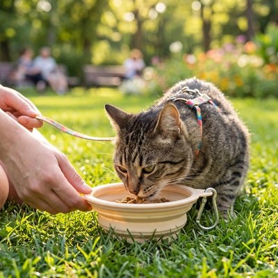 gamelle pour chat portable avec mousqueton chat mangeant jardin