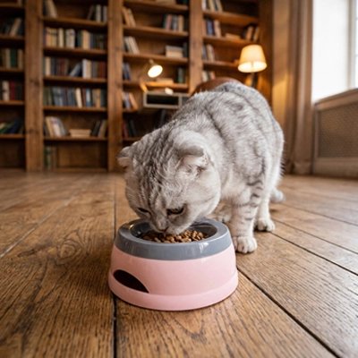 gamelle pour chat rose bicolore chat mangeant salon