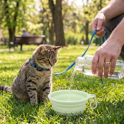 gamelle pour chat vert portable avec mousqueton chat jardin